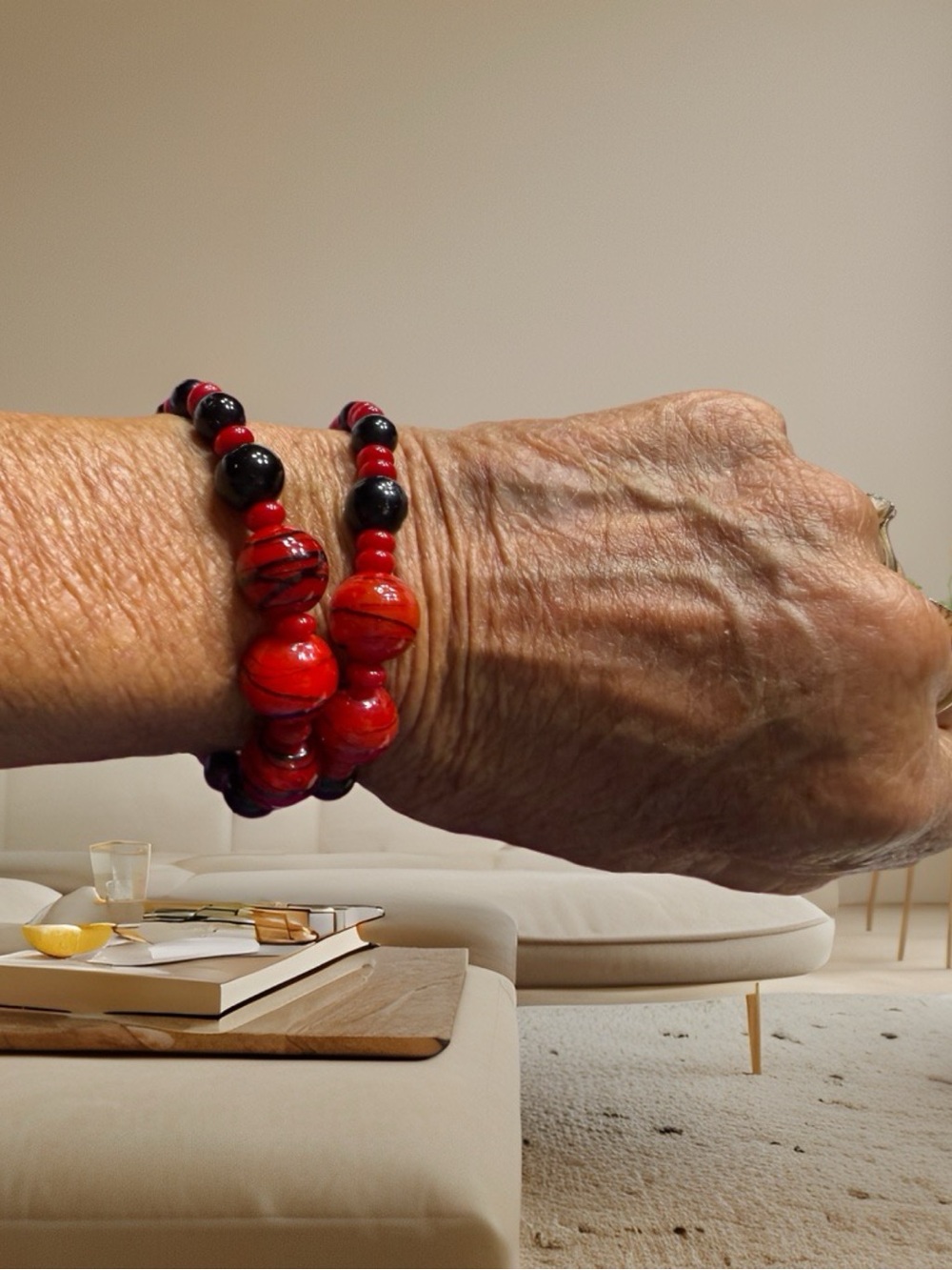 Hand Crafted Red and Black Beaded Bracelet Duo